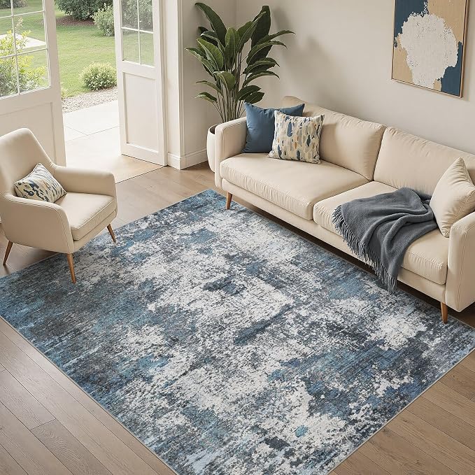 DMOYEST Area Rug Living Room Rugs - 5x7 Large Soft Indoor Neutral Modern Abstract Low Pile Washable Rug Carpet for Bedroom Dining Room Farmhouse Home Office - Grey Blue