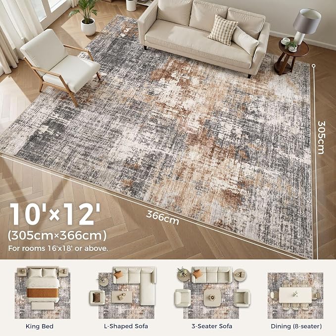 DMOYEST Area Rug Living Room Rugs - 10x12 Washable Large Soft Indoor Neutral Modern Abstract Low Pile Rug Carpet for Bedroom Dining Room Farmhouse Home Office - Grey Brown