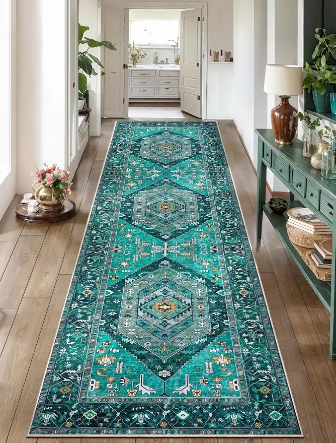 SERISSA Boho Washable Runner Rug, 2'6"x10' Long Rug Runner Non-Slip Vintage Teal Hallway Kitchen Stair Runner Rug Ultra Soft Print Distressed Floor Carpet Runner for Bedroom Bathroom Laundry Room
