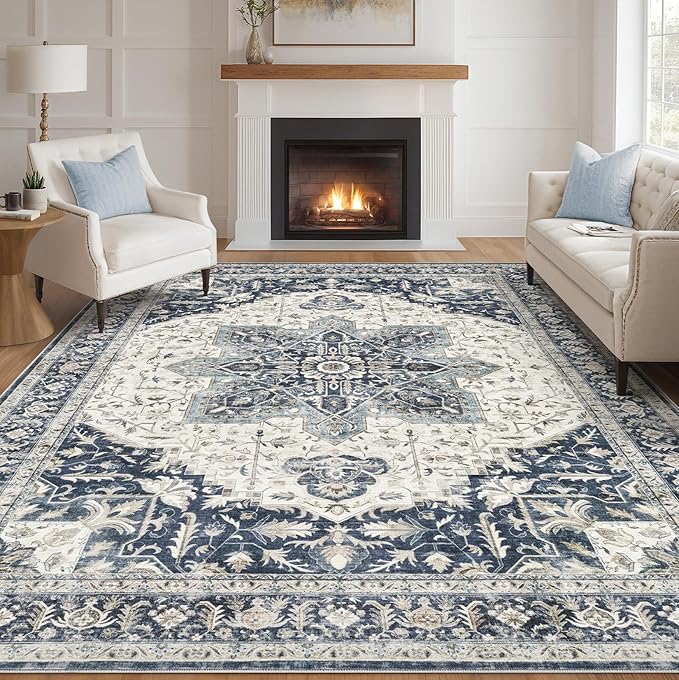 Tortania Area Rug Living Room Rugs - 9x12 Washable Boho Rug Vintage Oriental Distressed Farmhouse Large Thin Indoor Carpet for Living Room Bedroom Under Dining Table Home Office - Indigo