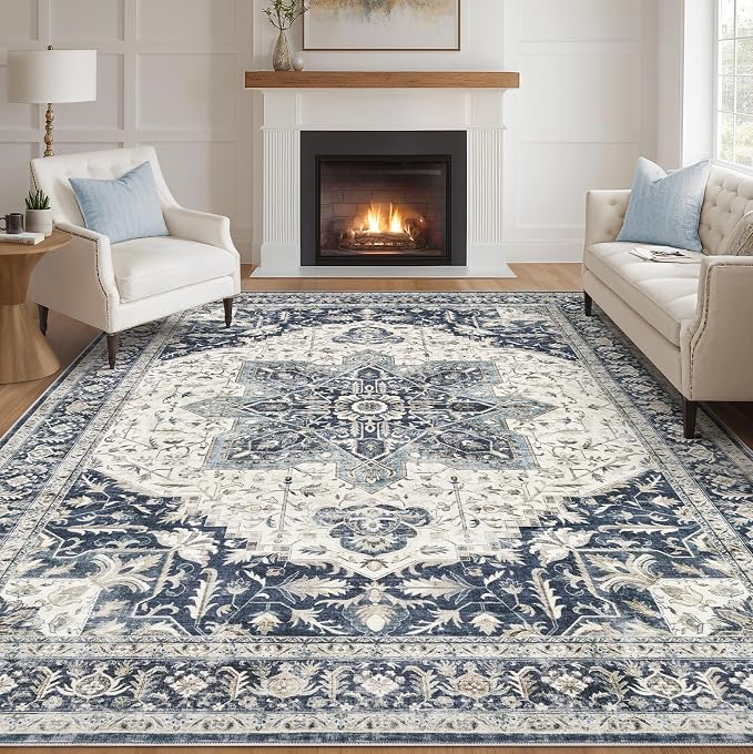 Tortania Area Rug Living Room Rugs - 10x14 Washable Boho Rug Vintage Oriental Distressed Farmhouse Large Thin Indoor Carpet for Living Room Bedroom Under Dining Table Home Office - Indigo