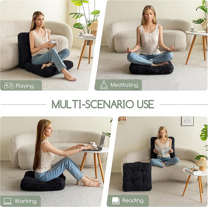 HIGOGOGO Floor Pillow Cushion for Adults, Meditation Cushion Pillow, Large Square Floor Sitting, Tufted Corduroy Cover, for Tatami Living Room or Yoga, 22x22 Inch, Black
