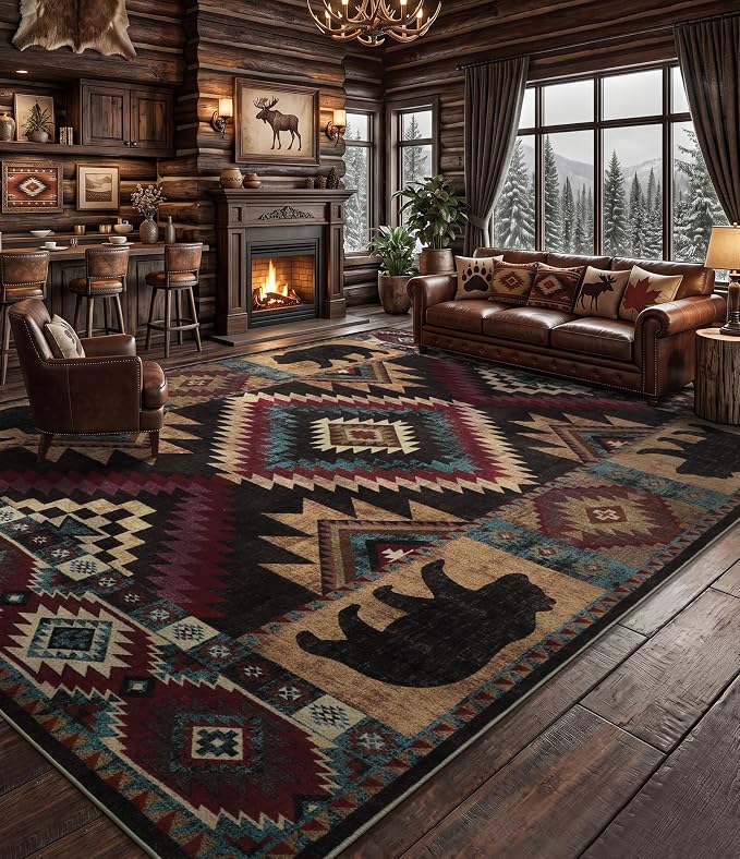 YIHOUSE Rustic Cabin Area Rug 10x14, Lodge Wildlife Bear Washable Large Area Rug, Southwestern Rustic Rugs for Living Room