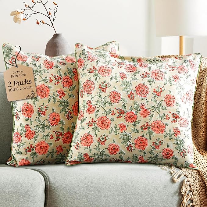 CPC 100% Cotton Throw Pillow Covers 24x24 Inch, Set of 2 Orange Block Print Pattern Couch Pillow, Cute Boho Decorative Pillows for Living Room, Bedroom with Hidden Zipper- Fire Opal