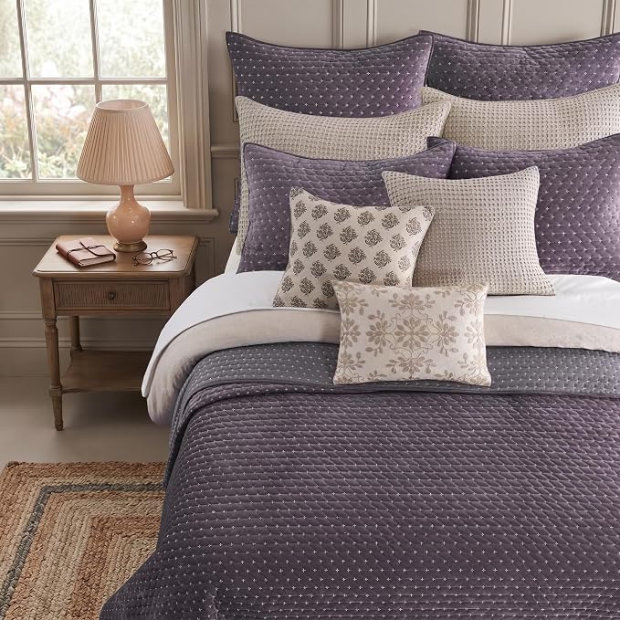 Levtex Home - Velvet Stitch Quilt Set - King Quilt and Two King Shams - Cross Stitch Velvet - Plum with White - Quilt (106x92in.) and Shams (20x36in.) - Reversible - Polyester