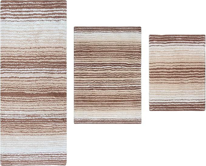Home Weavers 100% Cotton Gradiation Collection Bathroom Décor | Washable Rug | Bathroom Mat | Kitchen Mat | Bathroom Rug Set | Bath Mat Set | Bath Floor Mat Non Slip, 3 Piece Set with Runner, Beige
