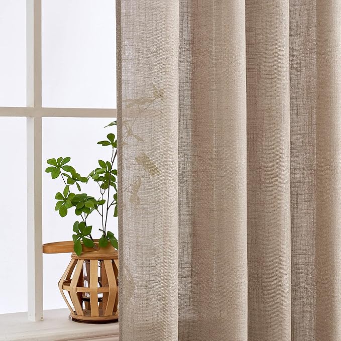 MIULEE Taupe Linen Curtains 84 Inch Length 2 Panels for Bedroom Living Room, Soft Thick Linen Textured Natural Window Drapes Semi Sheer Light Filtering Back Tab Rod Pocket Burlap Look Decor