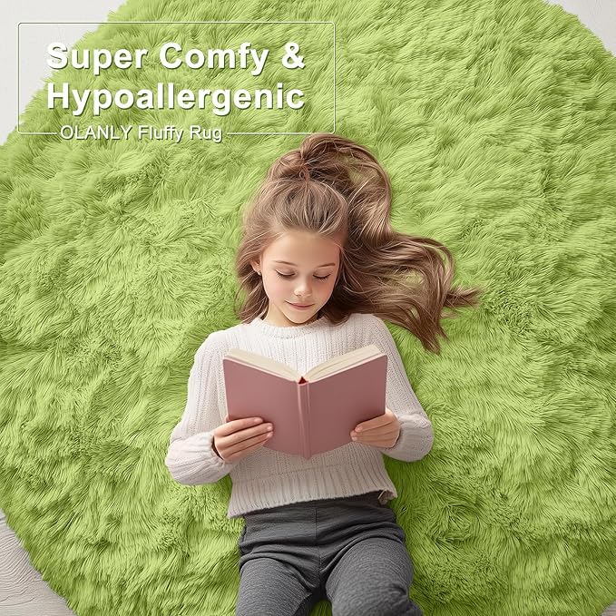 OLANLY Grass Green Round Rugs for Bedroom - Machine Washable, 7 ft Circle Area Rugs for Living Room, Soft and Fluffy Shaggy Carpet for Teen Girls and Boys, Nursery Rooms, Dorms, Home Decor Aesthetic