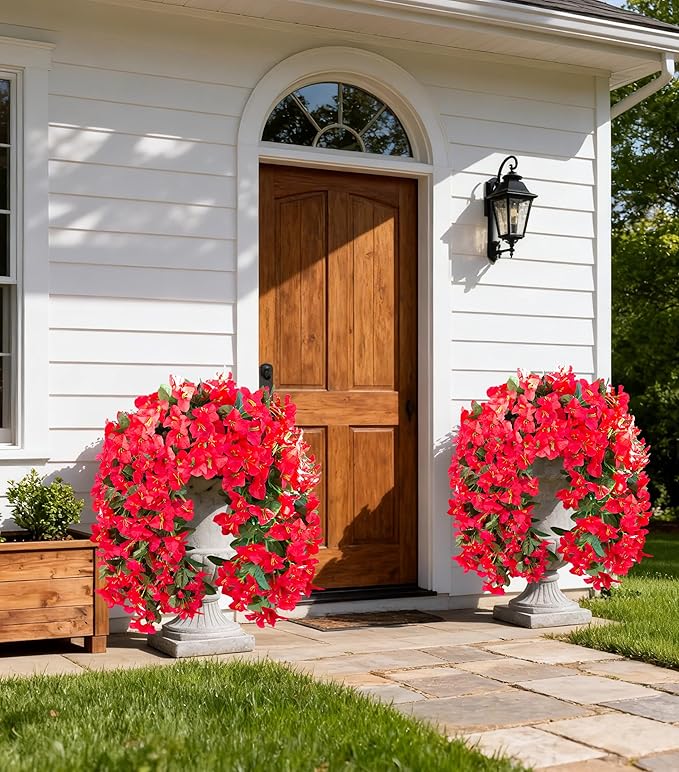HyeFlora Bougainvillea Artificial Hanging Flowers Plants for Outdoors Decoration, 2pcs Red Fake Flowers Silk Bougainvillea Vines Realistic UV Resistant Faux Flowers for Outside Planters Porch Patio