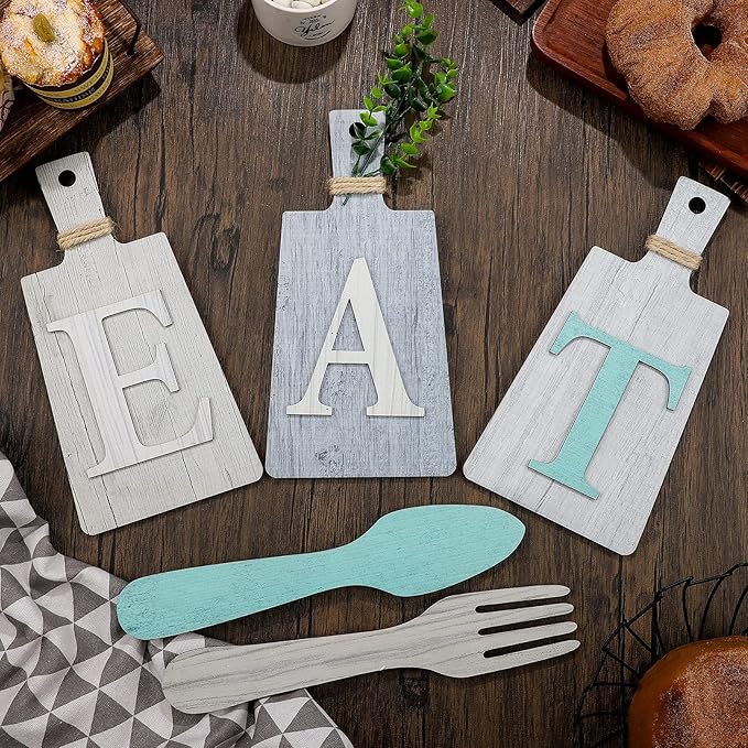 Jetec Cutting Board Eat Sign Set Hanging Art Kitchen Eat Sign Farmhouse Fork and Spoon Wall Decor Rustic Primitive Country Kitchen Decor for Home over Cabinet Decoration(Beige, Dark Gray, Gray White)