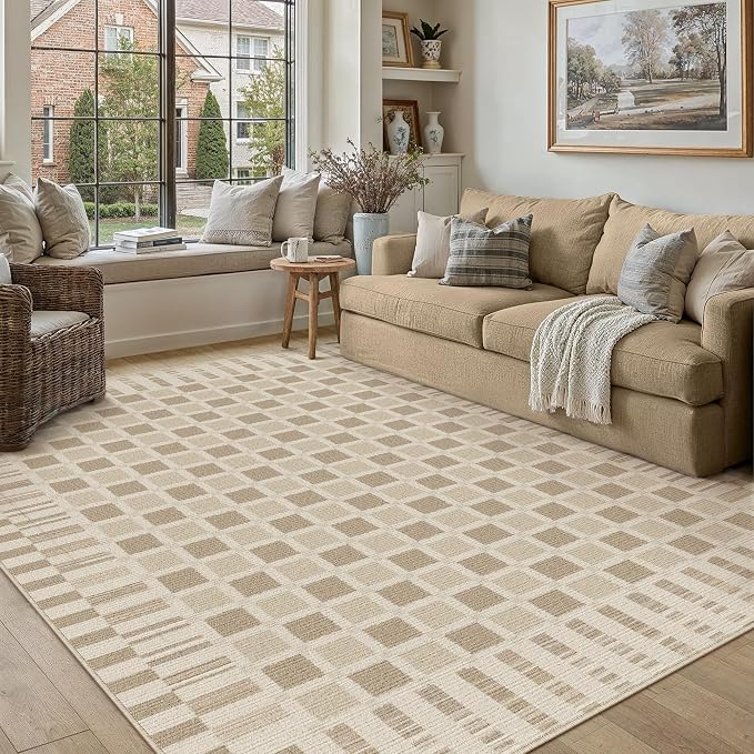 PureCozy Machine Washable Brown 5x7 Area Rugs for Living Room Modern Soft Large Checkered Rug Non-Slip Low Pile Accent Indoor Office Carpet for Bedroom Dining Room Nursery Classroom
