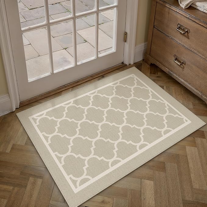 PureCozy Beige 2x3 Rug for Entryway Machine Washable Small Area Rug Non-Slip Stain Resistant Door Mat Low Pile Accent Indoor Throw Carpet for Entrance Kitchen Bedroom Laundry