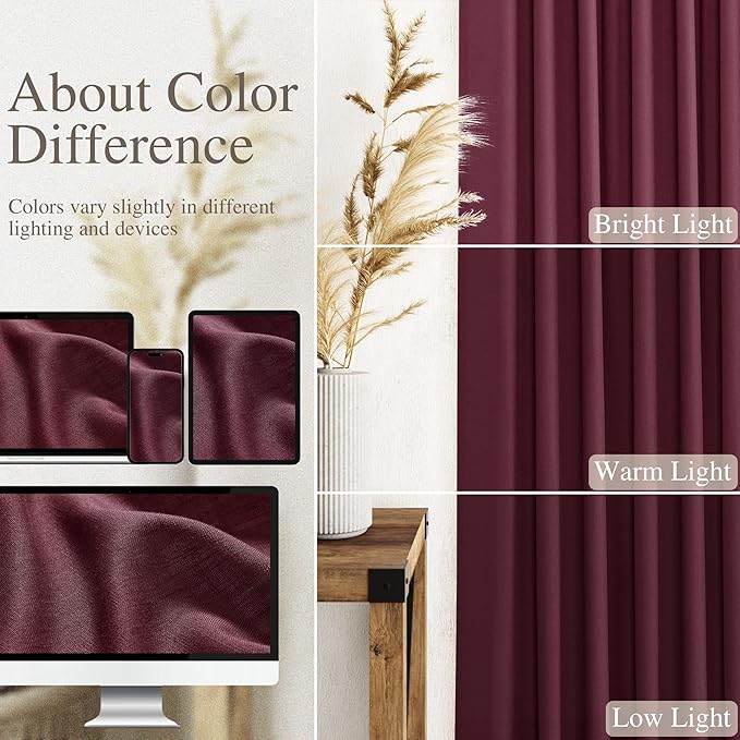 Nanspring Burgundy Linen Curtains 102 Inches Long Rod Pocket Back Tab Drapes 2 Panels Set for Living Room Bedroom Light Filtering Semi Sheer Burgundy Curtain 102 Length for Patio Door 52x102