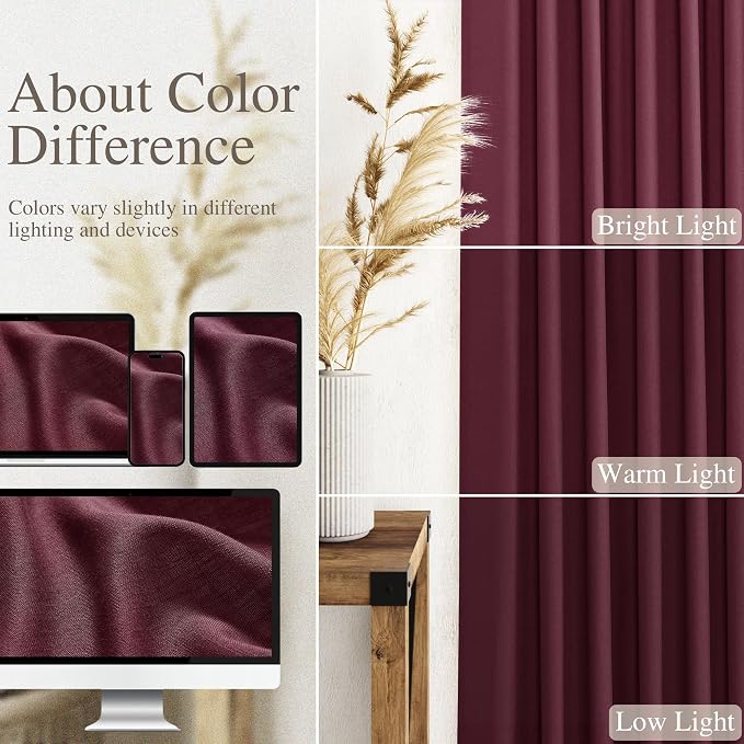Nanspring Burgundy Linen Curtains Semi Sheer 96 Inches Long 2 Panels Set for Living Room Back Tab Rod Pocket Light Filtering Drape for Bedroom Modern Farmhouse Coastal Decor Protect Privacy 52x96