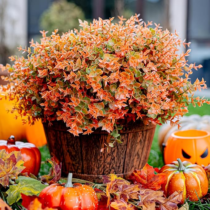 AXYLEX Artificial Fall Flowers Outdoor Fake Mums - 16 Bundles Fake Plants UV Resistant No Fade Faux Plastic Greenery Garden Porch Patio Fall Home Decor (Green Orange)