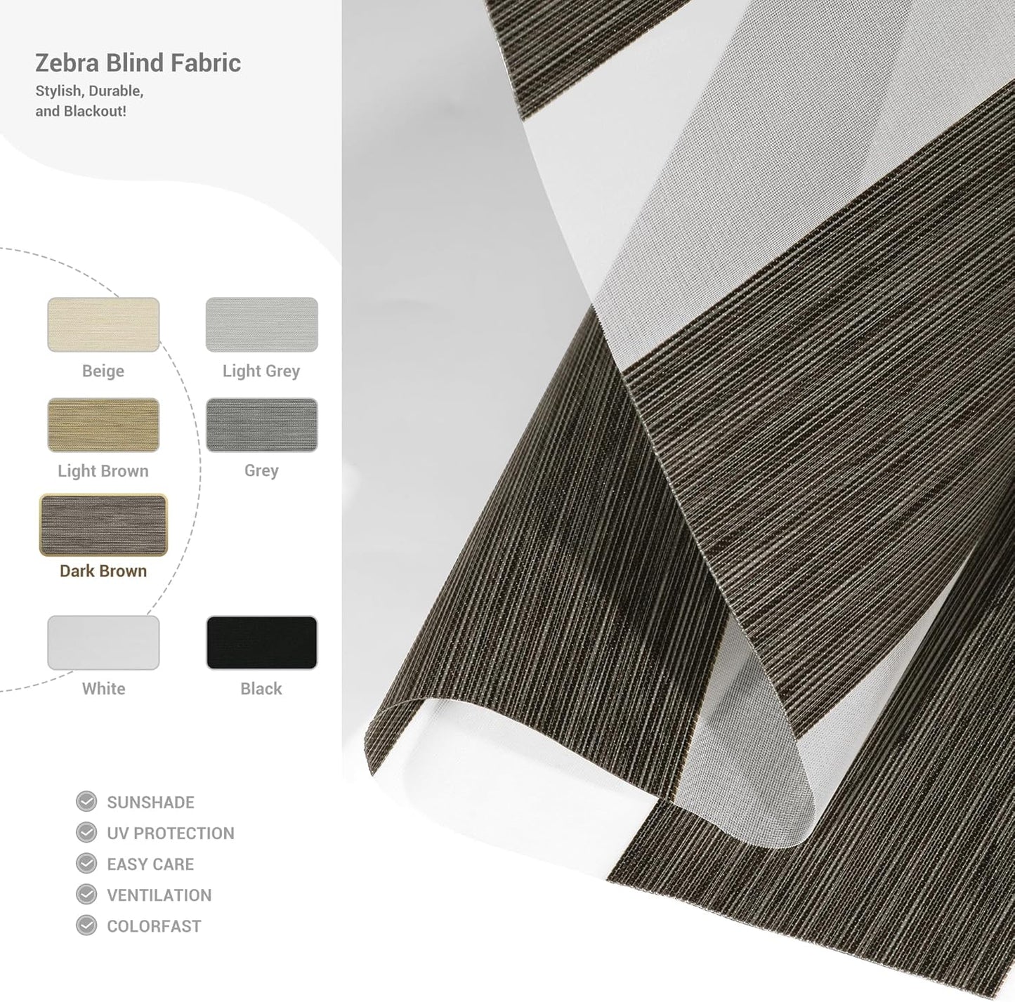 Cordless Zebra Blinds for Windows, Blackout Interior Blinds,Easy to Install,UV Protection,for Offices and Home,Custom Roller Shades, Mousse Dark Bown,49" W x 64" H