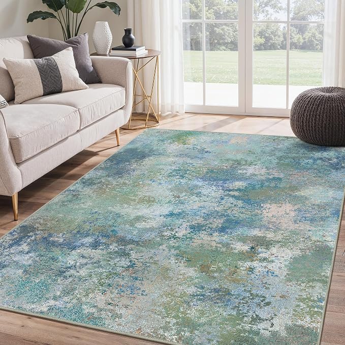 BEIMO Area Rugs 3x5 for Living Room Bedroom, Modern Abstract Machine Washable Rug, Large Soft Low Pile Floor Carpet with Non Slip Backing for Dining Room, Blue Green