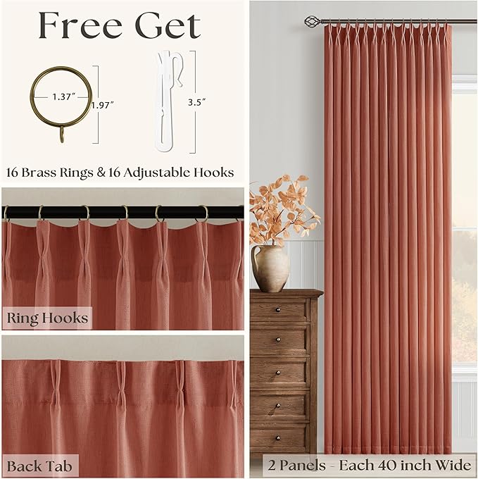 Extra Long Terracotta Linen Curtains 120 Inches Long Red Clay Burnt Orange Funky Farmhouse Rustic Curtain Light Filtering Semi Sheer Back Tab Pinch Pleat Curtain for Tall Ceiling Living Room 2 Panels