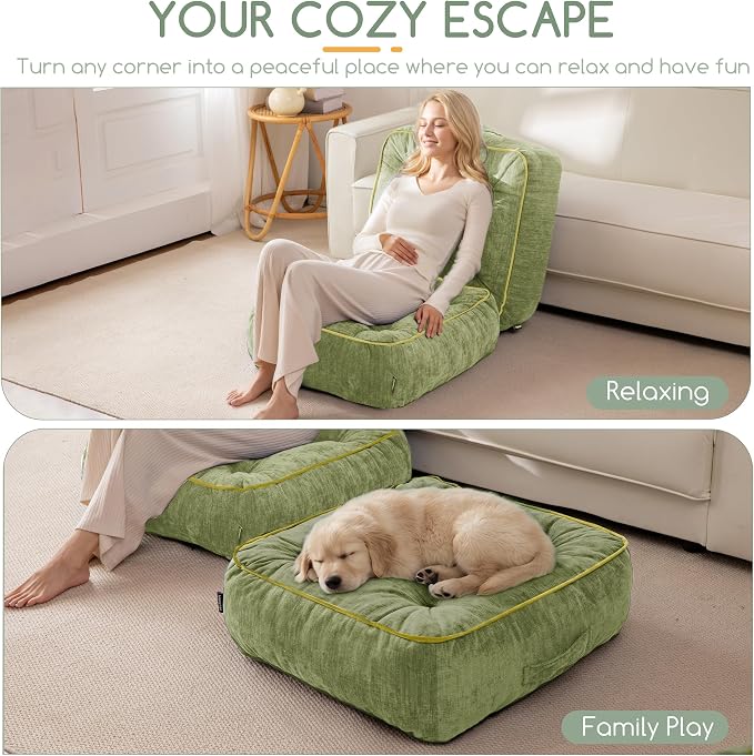 HIGOGOGO 8" Extra Thick Floor Pillow Cushion for Adults, Meditation Cushion Pillow with Handle, Lustrous Chenille Tufted, Square Floor Sitting for Tatami Living Room or Yoga, 22x22 Inch, Green