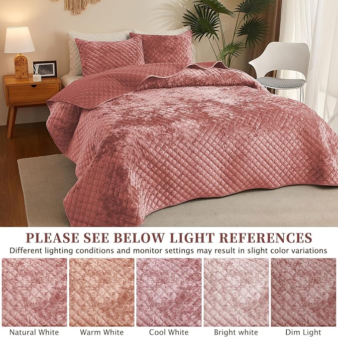 Luxury Soft Velvet Quilt Set King Size - Lightweight Velvet Bedding Set for All Season, Oversized Bedspread Coverlet Comforter Set with 2 Pillow Shams, Pink, Diamond