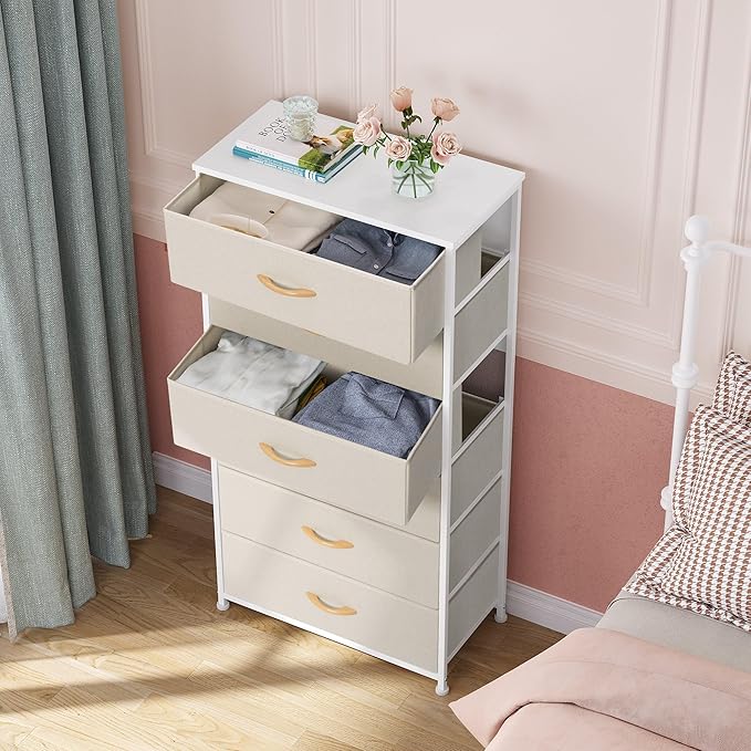 Crestlive Products Dresser for Bedroom with 6 Drawers, Tall Chest of Drawers, Fabric Dressers Bedroom Furniture, Storage Organizer Unit with Bins for Closet, Hallway, Living Room, Entryway(Beige)
