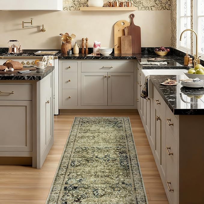 Boho Washable Runner Rug for Kitchen,Non Slip Rubber Backing Non Skid Oriental Floral Vintage Long Carpet Runners for Hallway Entryway Indoor Doormat Bedroom,2x6 6ft,Moss Olive Green Beige