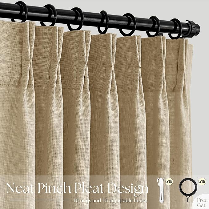 Tan Curtains 102 inches Long 2 Panel Set for Living Room Camel Beige Rustic Farmhouse Pinch Pleated Drapes Memory Trained Light Filtering Linen Curtain with Pinch Pleat Clips 102" Length Kahki