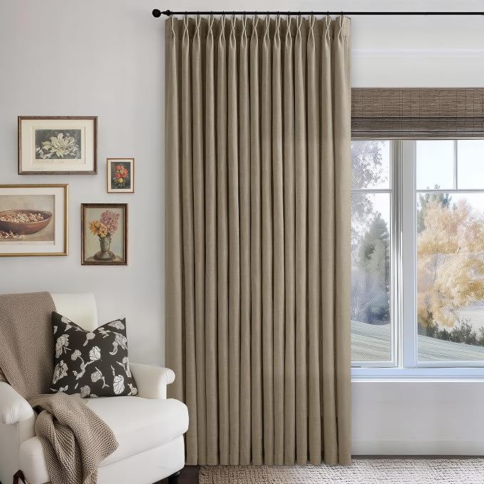 Pinch Pleated Linen 102 Inch Curtains 70 Inch Width for Living Room Divider Light Filtering Thick Light Brown Linen Extra Wide Patio Curtains for Sliding Door Balcony Floor to Ceiling Window 1 Panel