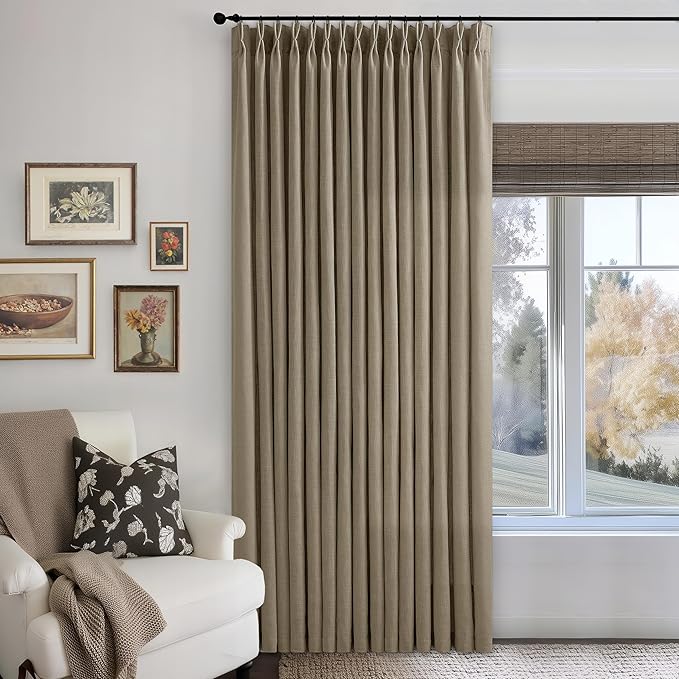 Pinch Pleated Linen 102 Inch Curtains 100 Inch Width for Living Room Divider Light Filtering Thick Light Brown Linen Extra Wide Patio Curtains for Sliding Door Balcony Floor to Ceiling Window 1 Panel