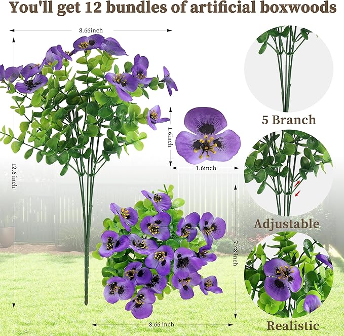 ColoPlay 12 Bundles Artificial Fake Pansy Flowers for Outdoor - Yellow, White & Purple Faux Pansies Flowers, Fake Flowers for Outdoor Planters, Porch, Garden, Window Boxes, and Home Decoration