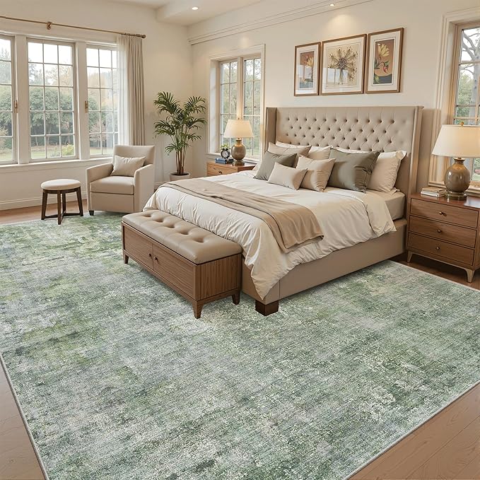 Soalmost 9x12 Area Rugs for Living Room, Non-Slip Machine Washable Vintage Rugs, Abstract Low Pile Lightweight Large Rug for Bedroom, Dining Room, Home Office Green Ivory