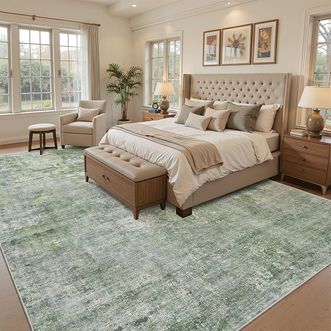 Soalmost Abstract Rug 8x10 Large Living Room Rugs Neutral Modern Washable Area Rugs for Bedroom Dining Room Non-Slip Stain Resistant Foldable Thin Rug Green