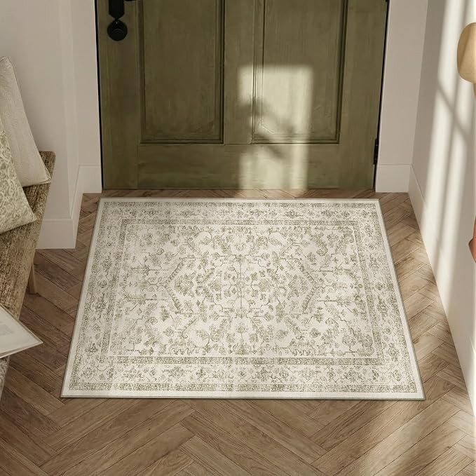 PureCozy Taupe 2x3 Entryway Rug Vintage Area Carpet Indoor Kitchen Washable Door Mat Entrance Small Low Pile Traditional Distressed Retro Accent Throw Rug Non Slip Office Bathroom