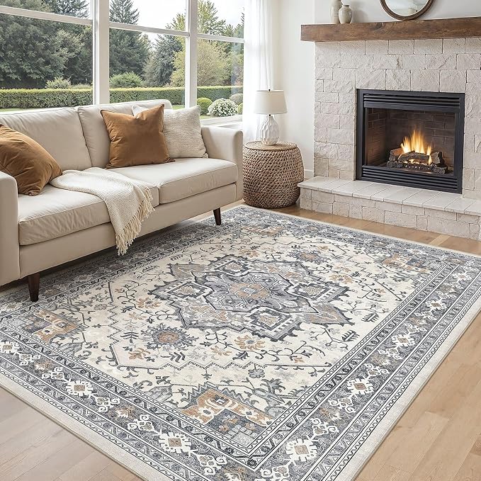 UERMEI 5x7 Area Rug Living Room Rugs - Washable Vintage Soft Large Rug Indoor Floor No Slip Rug Carpet for Bedroom Farmhouse Under Dining Table Home Office Decor - Grey-Orange