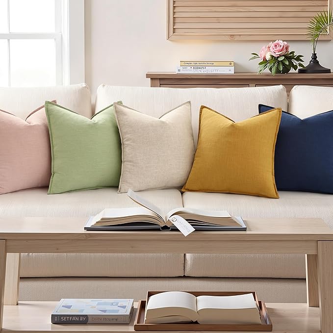 decorUhome Summer Decorative Linen Throw Pillow Covers 16x16 Inch Set of 2 Sage Green Pillow Covers with Flange Edges Soft Farmhouse Boho Accent Pillow Cases for Couch Bed Living Room