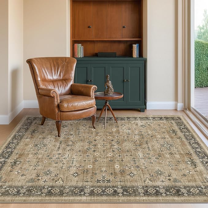 Hazo Haus Washable 3x6 Large Mudroom Area Rug, Bohemian Kitchen Floor Rug, Non-Slip & Stain Resistant, Vintage Desert Taupe Sage Farmhouse Floral Décor