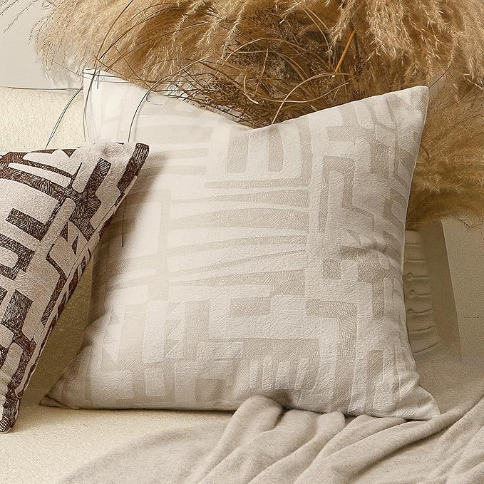 Throw Pillow Cushion Cover 18x18 inches, Double Sided Modern Geometric High Density Jacquard Polyester Pillow Covers for Sofa, Bed, Rattan Chair, Bedroom, Living Room(White)
