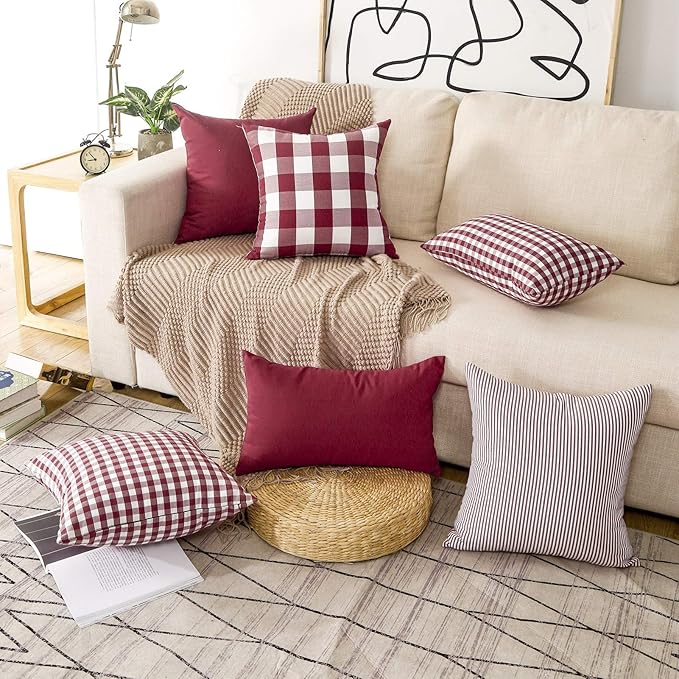 CARRIE HOME Red Plaid Decorative Throw Pillow Covers 20x20 Set of 4, Burgundy Red and White Christmas Couch Pillows 20 x 20, Red Buffalo Checkered Living Room Decor Pillows Also for Front Porch