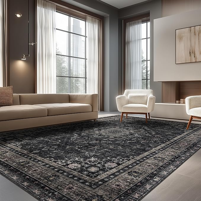 Ruaruarug Washable Area Rug 8x10 for Living Room, Bedroom, Ultra Soft Non Slip Stain & Fade Resistant, Pet & Kids Friendly, Suitable for High Traffic Areas Easy to Clean for Office Kitchen, Black Gray