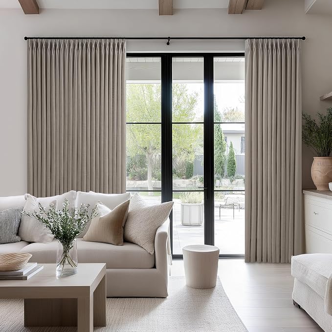 Pinch Pleated Linen 84 Inch Curtains 70 Inch Width for Living Room Divider Light Filtering Thick Taupe Linen Extra Wide Patio Curtains for Sliding Door Balcony Floor to Ceiling Window 1 Panel