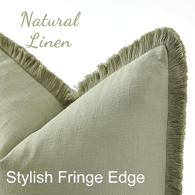 decorUhome Summer Decorative Neutral Linen Fringe Throw Pillow Covers Set of 2 Sage Green Pillow Covers with Tassels Soft Farmhouse Boho Accent Pillow Cases for Couch Bed Sofa 20x20 Inch