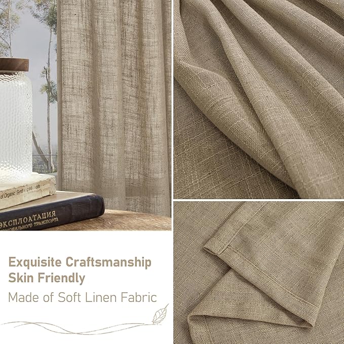 LAMIT Taupe Sheer Linen Curtains, 102 inch Light Filtering Semi Sheer Panels Back Tab and Rod Pocket Farmhouse Rust Drapes for Bedroom/Living Room, 2 Panels, 52 x 102 Inch