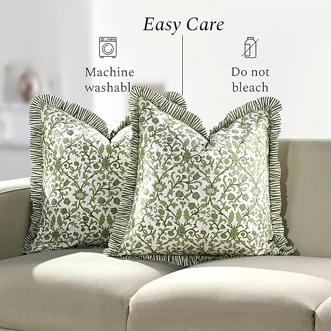 CPC Meadow Vine Hand Block Print 100% Cotton Ruffle Throw Pillow Cover 24x24 inch with Hidden Zipper Decorative for Couch, Bed, Sofa, Farmhouse, Cottagecore Decor Gift Christmas Fall Thanksgiving