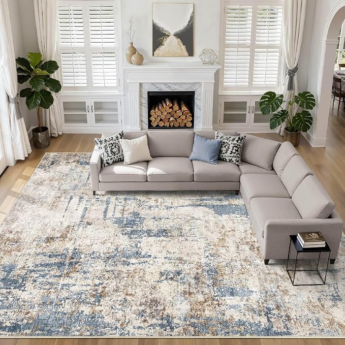 12x15 Area Rug Washable Rugs: Living Room Large Abstract Modern Soft Stain Resistant Indoor Floor Non Slip Accent Carpet for Bedroom Nursery Playroom Office Dining Room Dorm Home House- Tan
