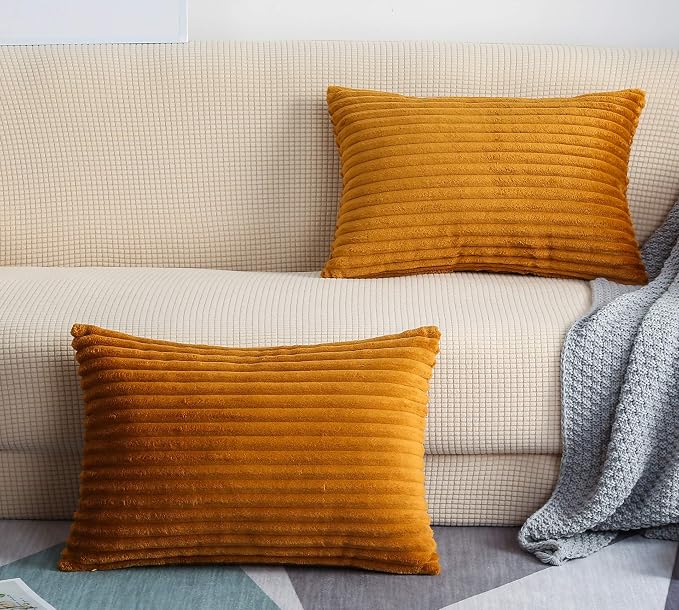 TangDepot 2-Pack Velvet Corduroy Throw Pillow Covers 12x18 A50 Light Brown | Soft velvet corduroy cushion covers, hidden zipper, machine washable, air dry, perfect for sofa, bed, office & outdoor.