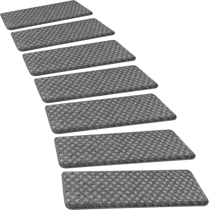 PURE ERA Bullnose Carpet Stair Treads Set Tape Free Non-Slip Indoor Stair Protectors Pet Friendly Rugs9.5" x 30"(2 Pieces,Grey Mini-Diamond Trellis)