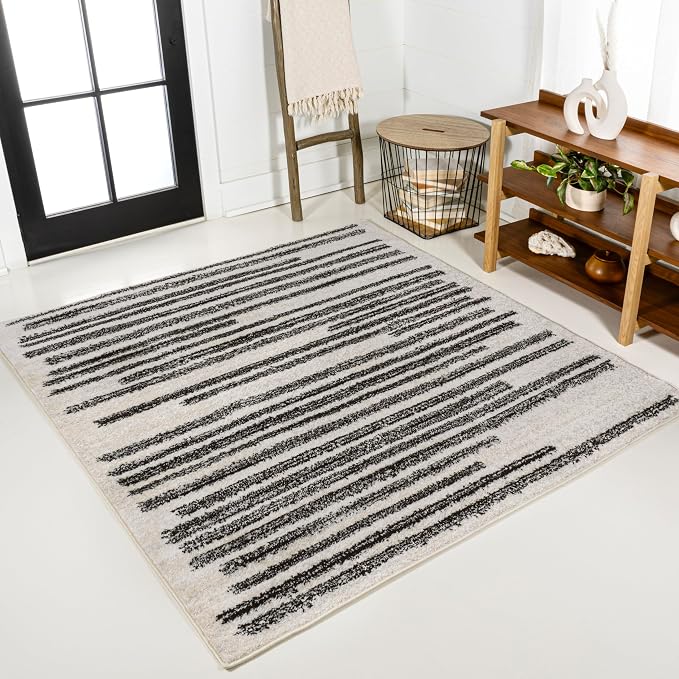 JONATHAN Y Khalil Modern Berber Stripe Cream/Black 9x9 Square Indoor Area Rug, Contemporary, Bohemian, Easy-Cleaning for Living Room, Bedroom, Kitchen, Pet Friendly, Non-Shedding (MOH207A-9SQ)