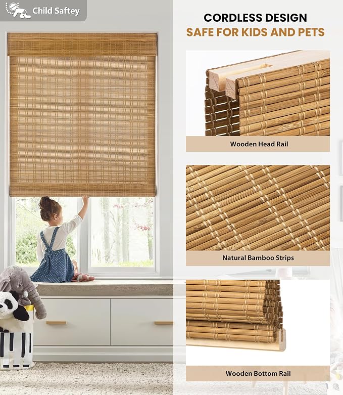 LazBlinds No Drill Bamboo Roman Shades, 39x64, Ceylon Light Russet | Light Filtering Window Treatment, No Tools Cordless Roll Up Bamboo Blinds for Window