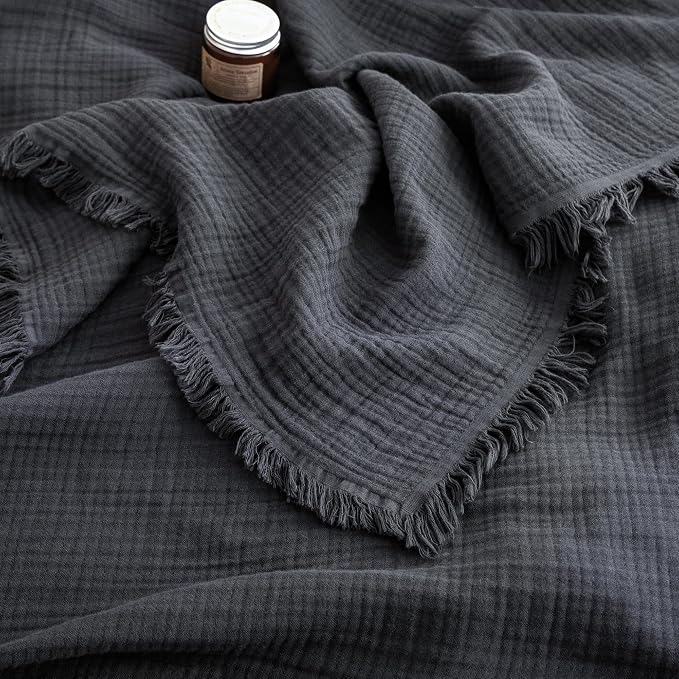 FOSSA Muslin Blanket 4-Layer 100% Cotton Gauze Blanket with Fringe 90"x90" | Super Soft Breathable Lightweight All Season & Decorative Blanket or Bed, Sofa, Office (Dark Gray, Queen)