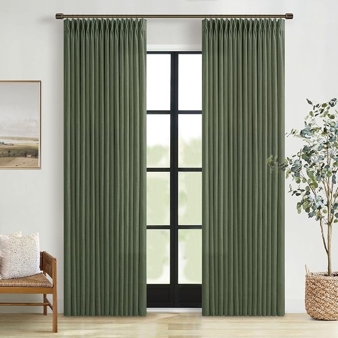 Olive Green 90 Inch Linen Curtains Pinch Pleated for Living Room Bedroom Dining Boho Loden Light Filtering Pinch Pleat Drapes with Hooks Rings Back Tab Semi Sheer Window Curtains 2 Panels Set 50x90